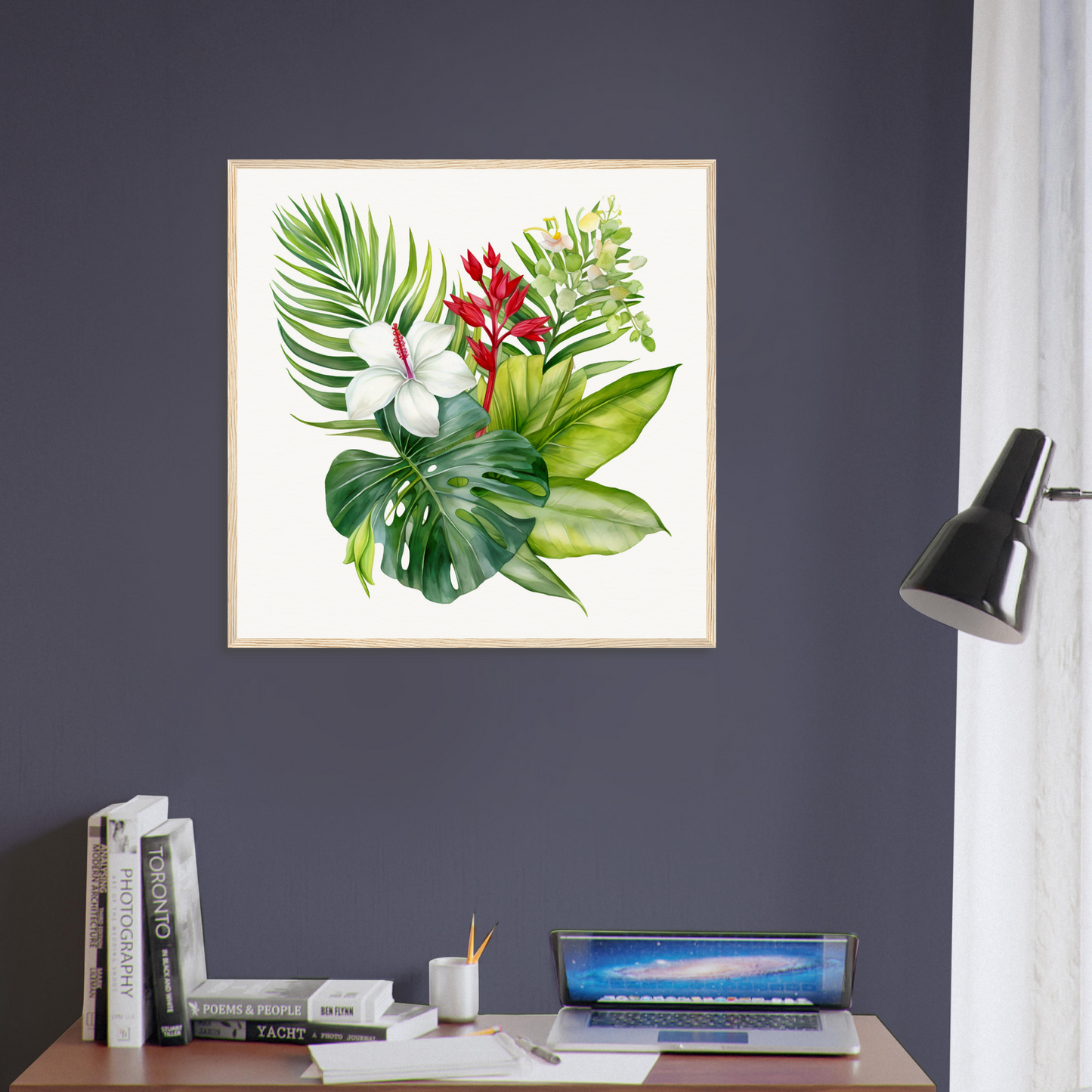 A framed print of a tropical plant with red flowers