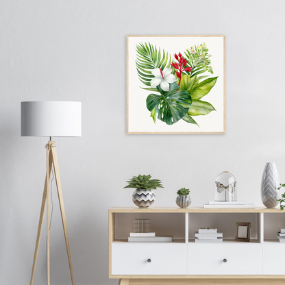 A framed print of a tropical plant with red flowers