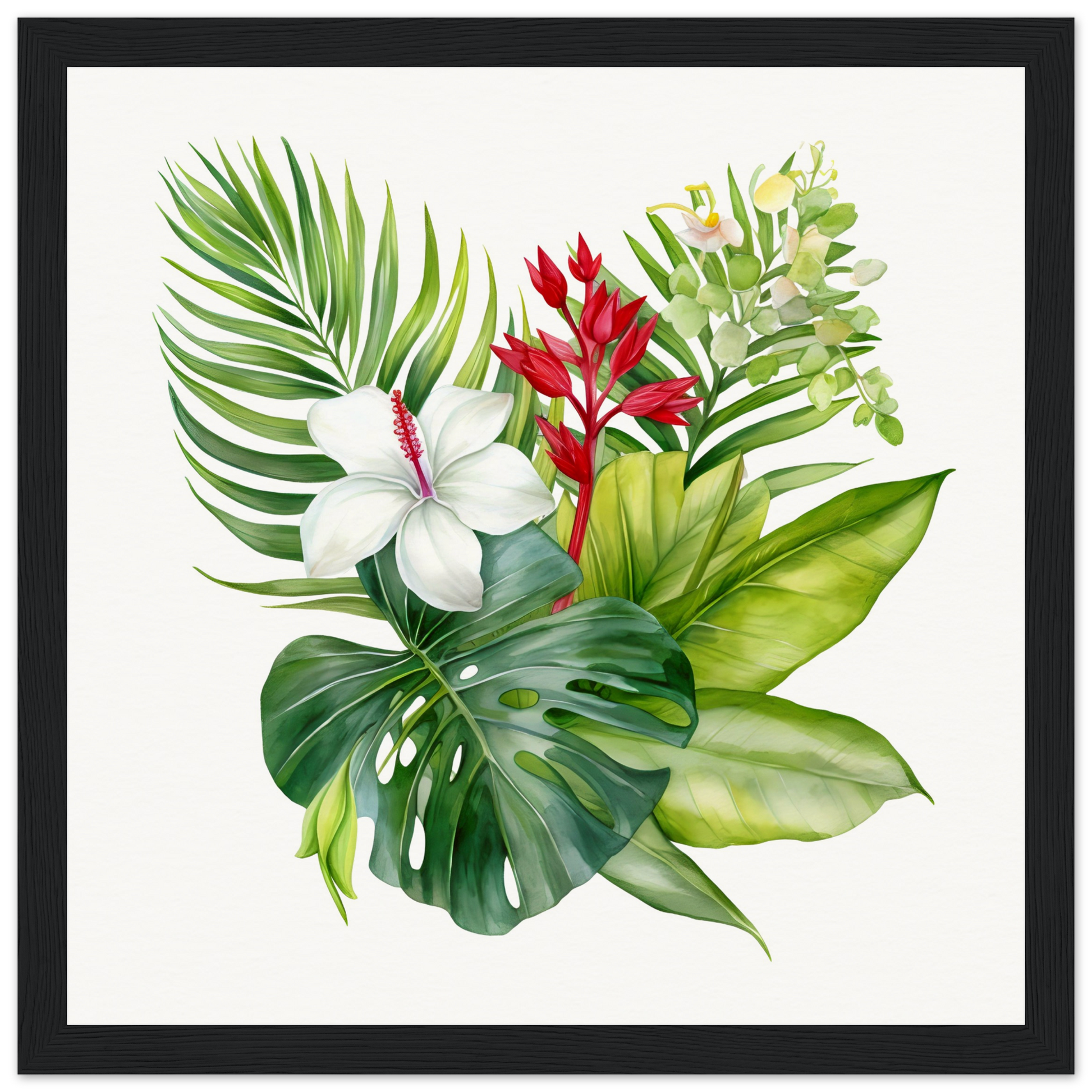 A framed print with tropical plants and flowers