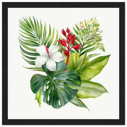 A framed print with tropical plants and flowers