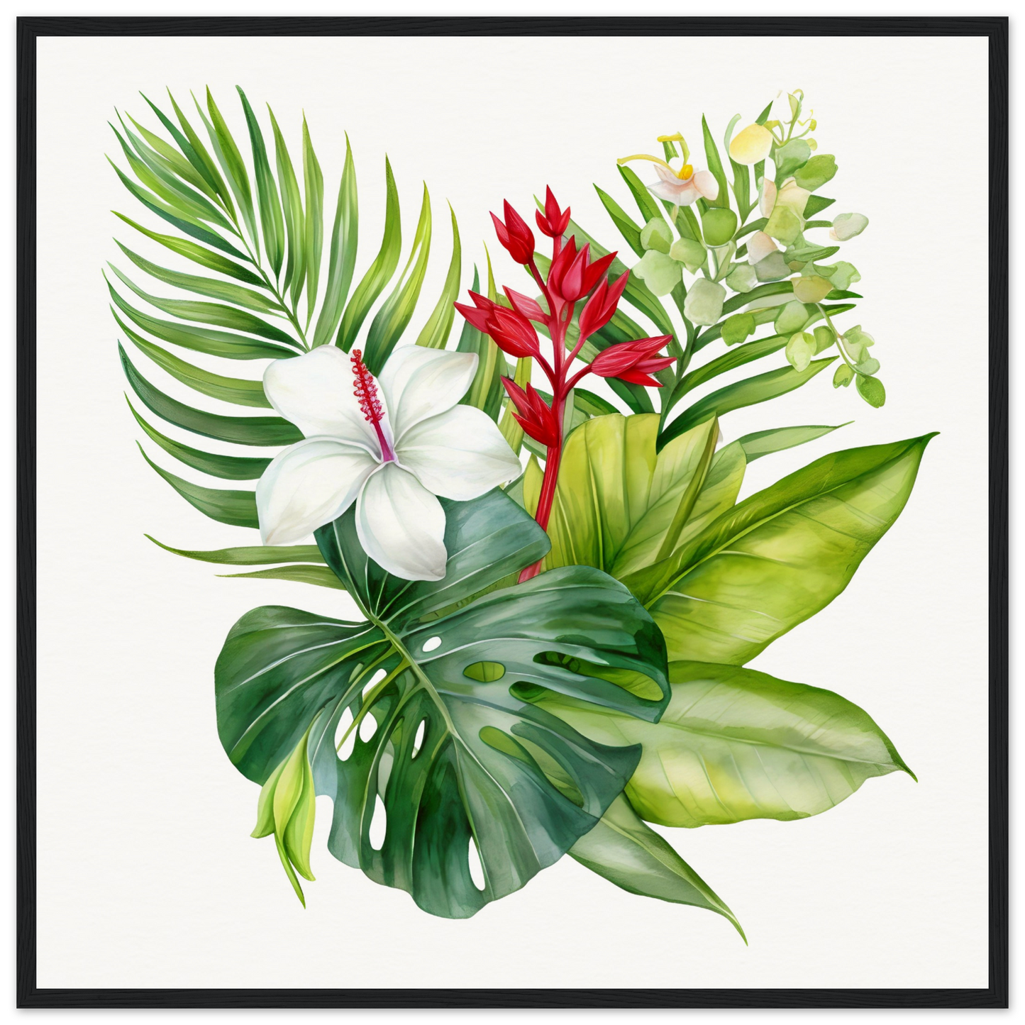 A framed print of tropical plants and flowers