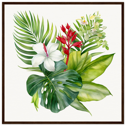 A framed print with tropical plants and flowers