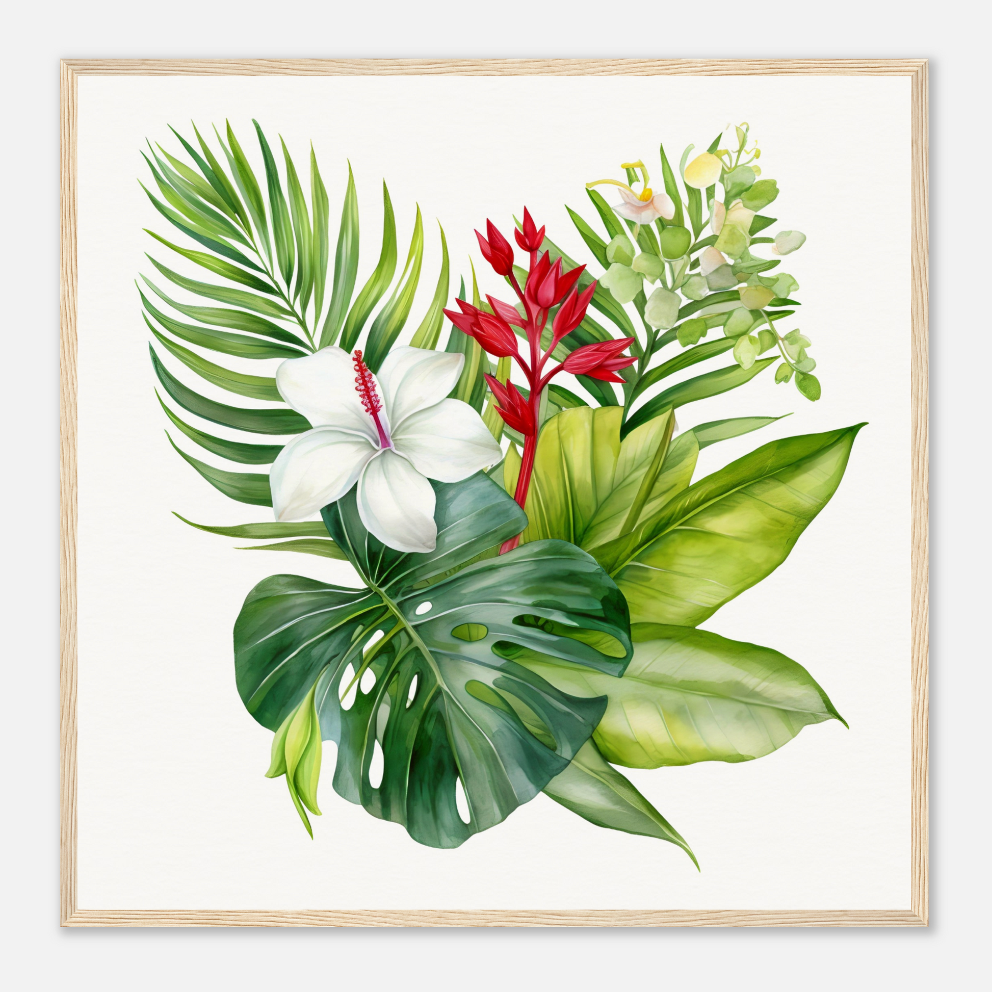 A framed print of tropical plants and flowers