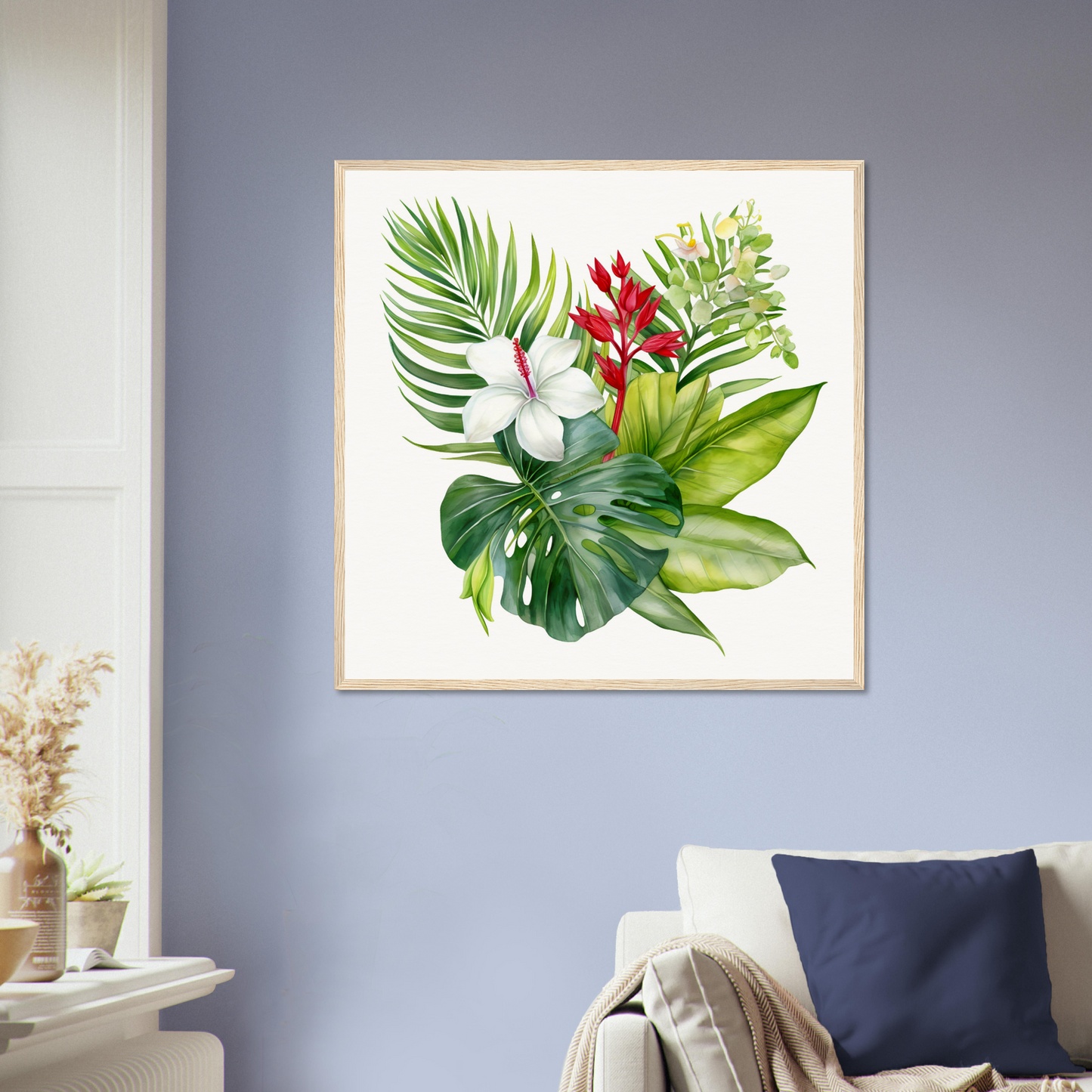 A framed print of tropical plants and flowers