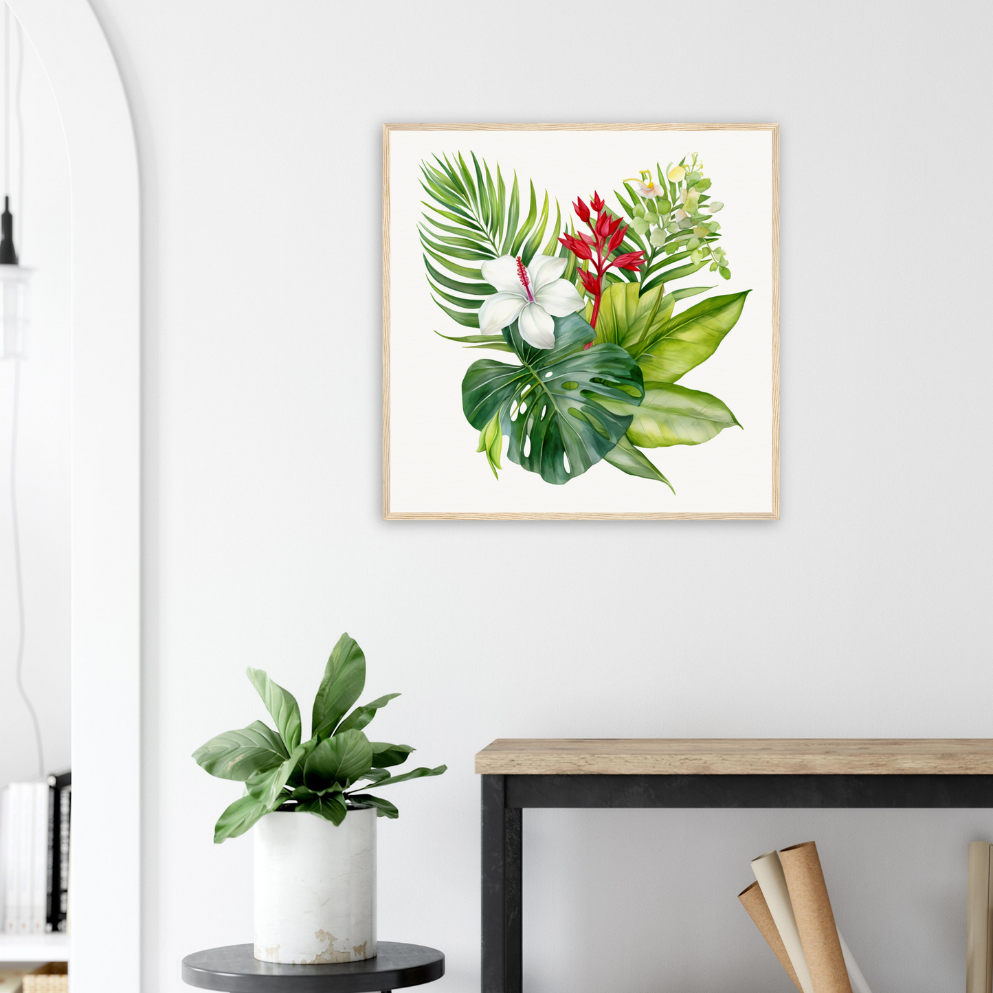 A framed print of tropical plants and flowers