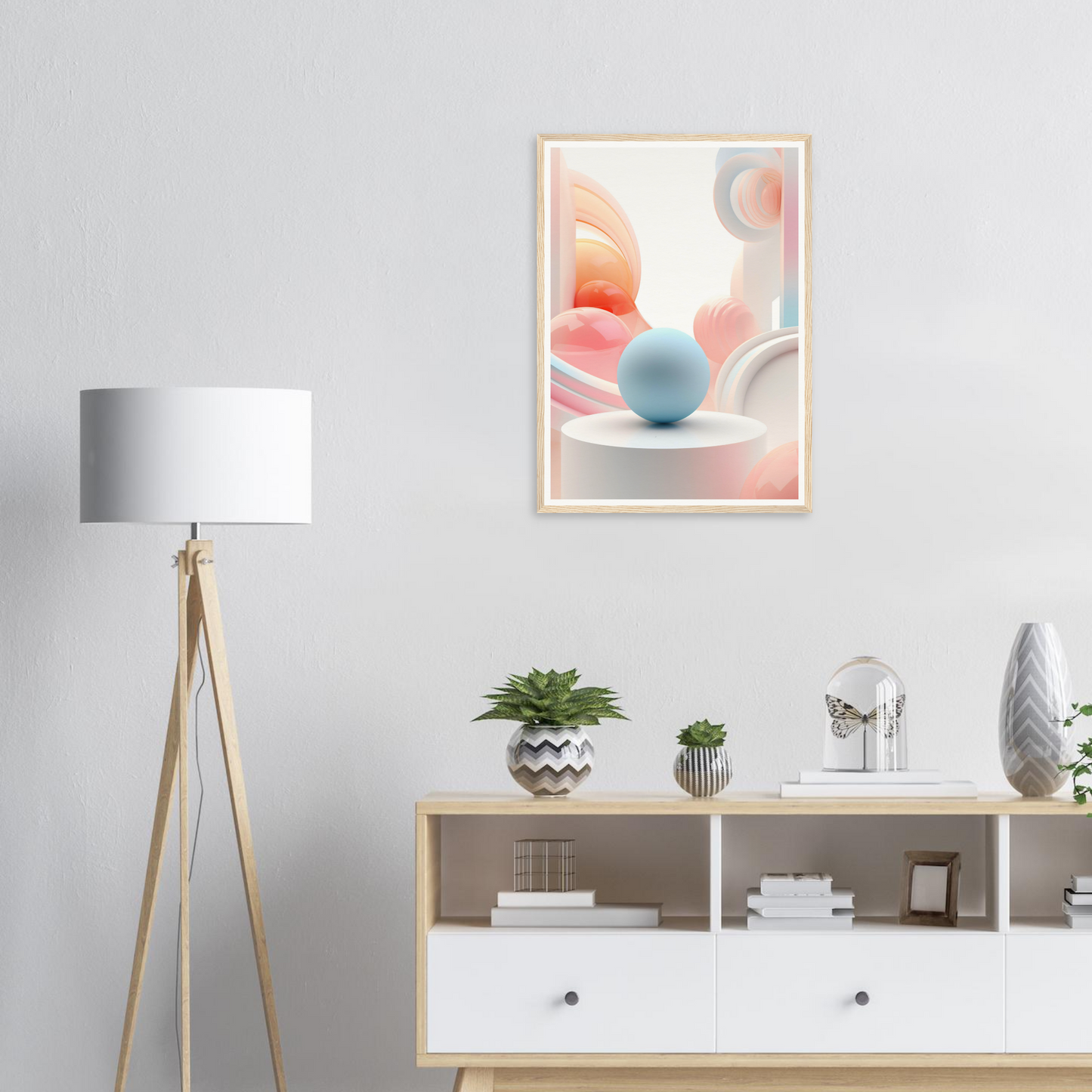 A framed print on a wall above a white table