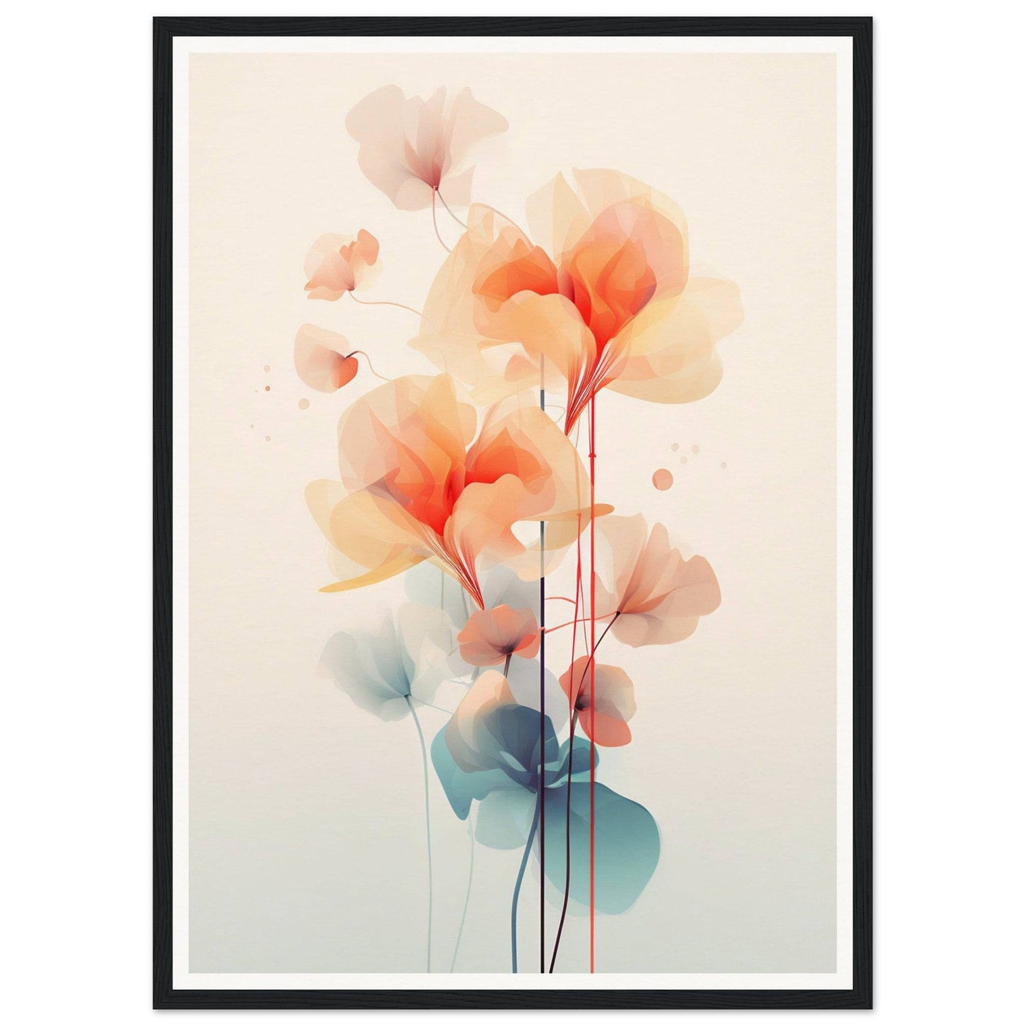 A framed print with a watercolor painting of orange flowers