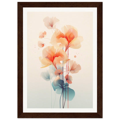 A framed print with a watercolor painting of orange flowers