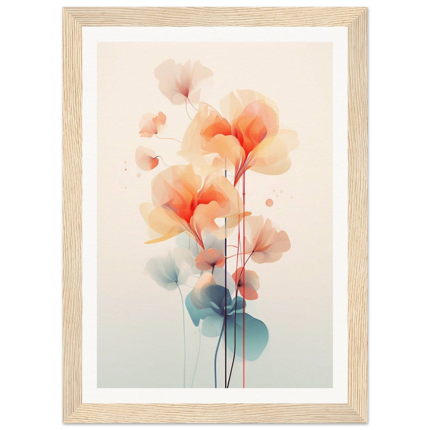 A framed print with a watercolor painting of orange flowers