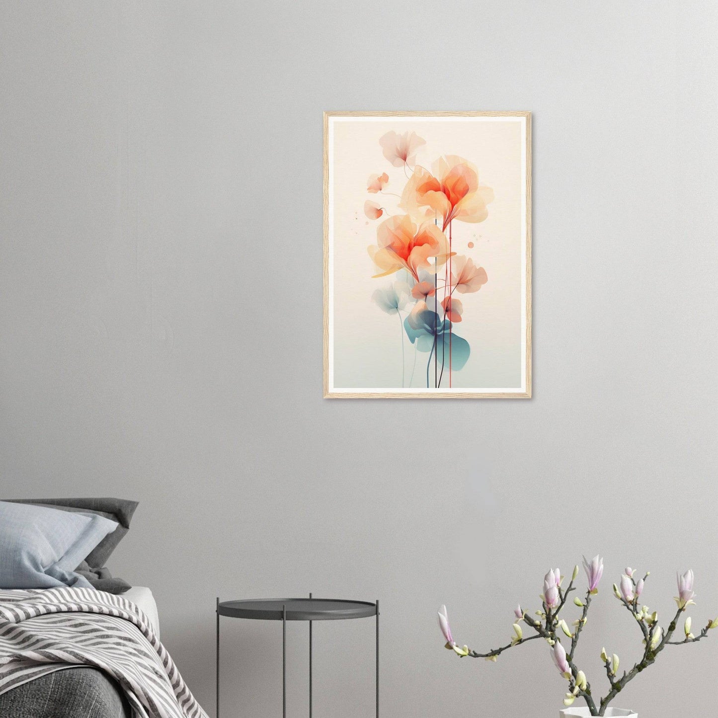 A framed print of a watercolor painting of orange flowers