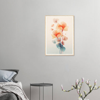 A framed print of a watercolor painting of orange flowers