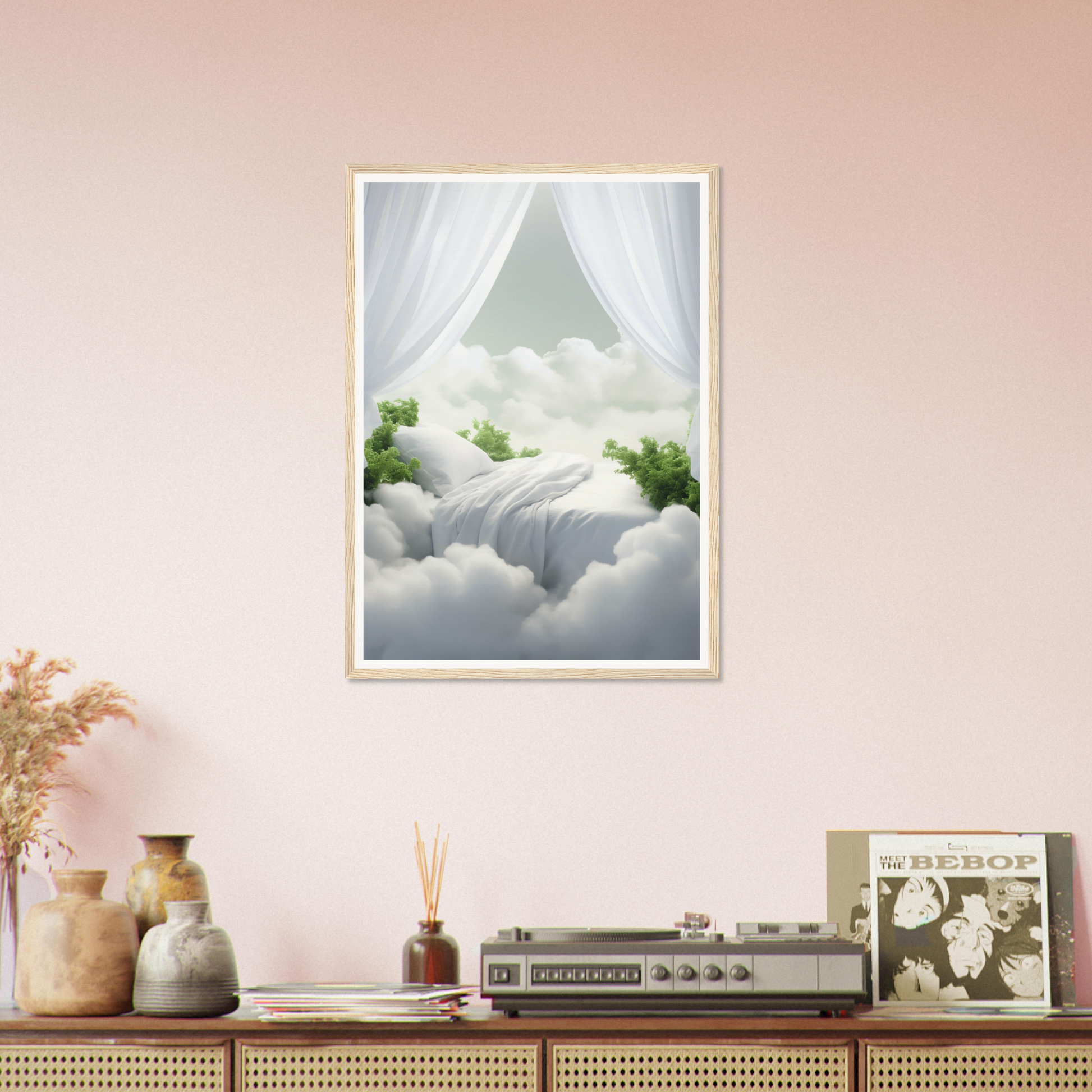 A framed print of a waterfall in the clouds