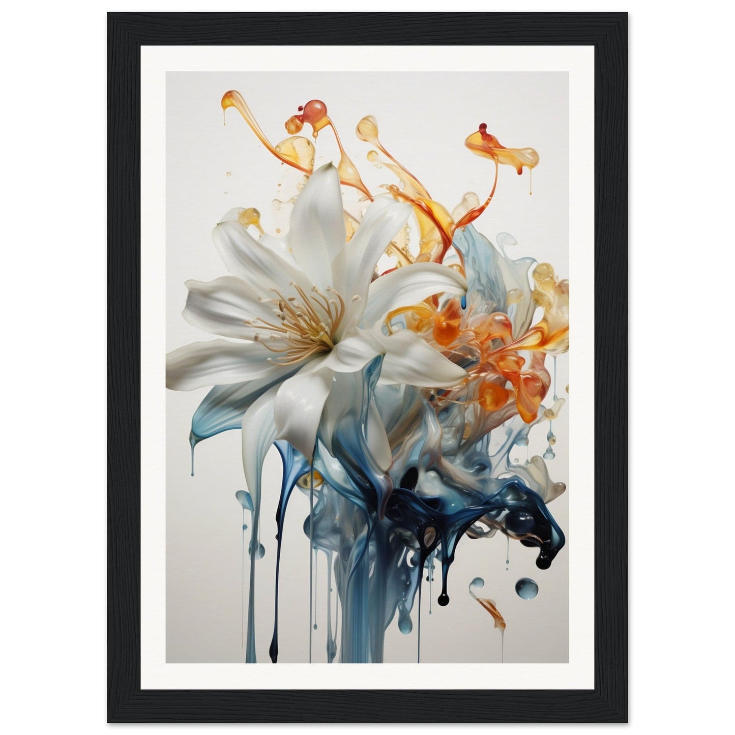 A framed print of a white flower with blue and orange paint