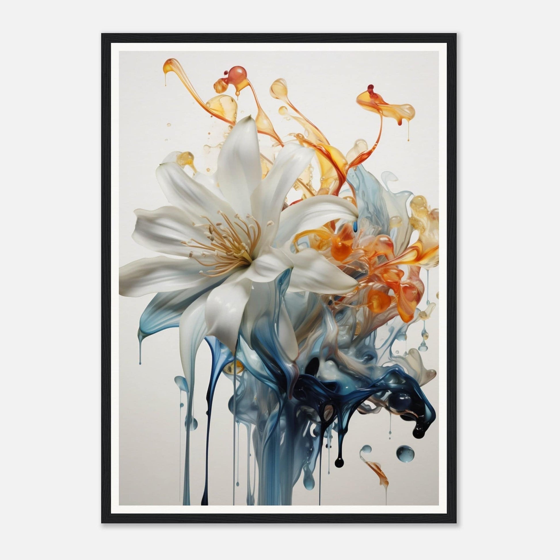 A framed print with a white flower and blue ink