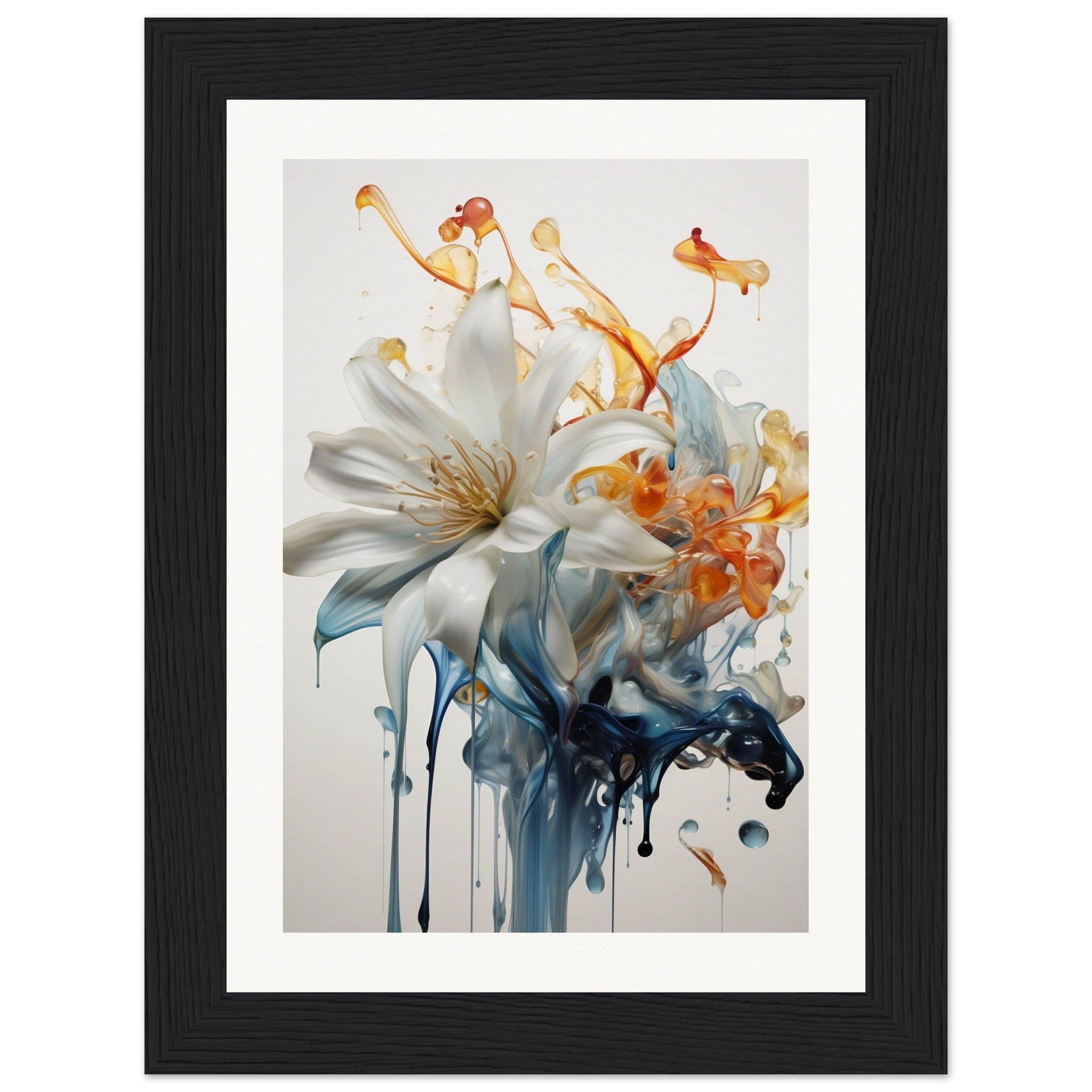 A framed print of a white lily with orange and blue ink