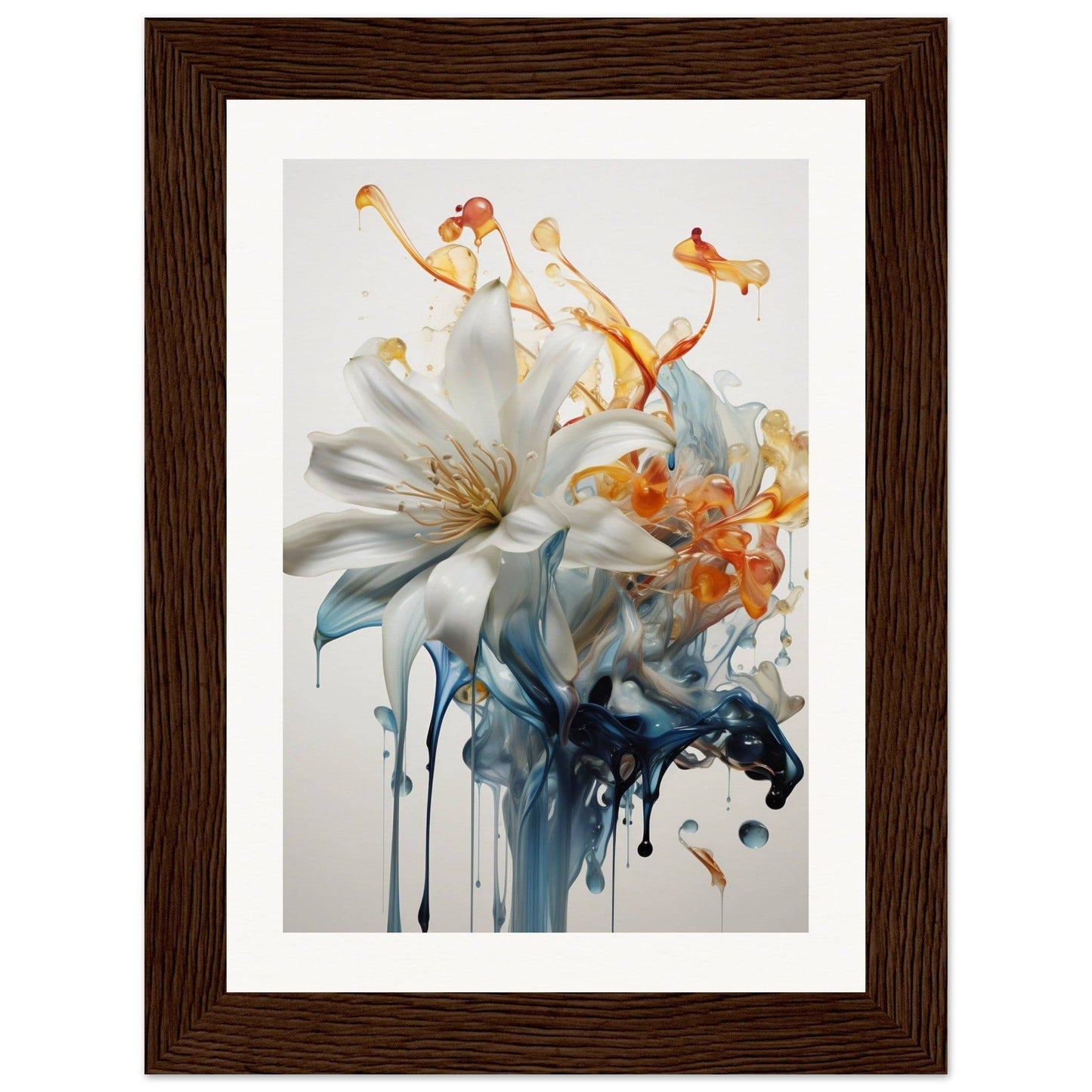 A framed print of a white lily with orange and blue paint