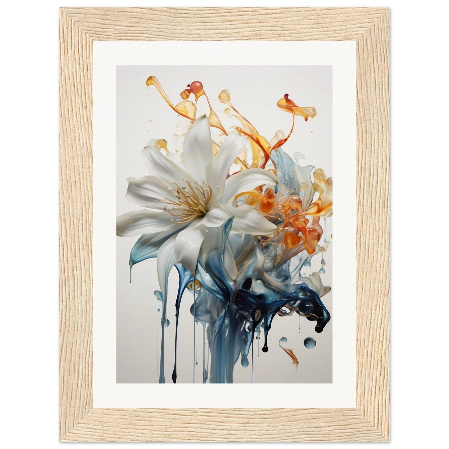 A framed print of a white lily with orange and blue paint