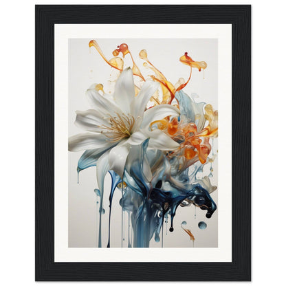 A framed print of a white lily with blue and orange ink