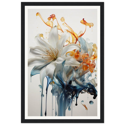 A framed print of a white lily with blue and orange ink