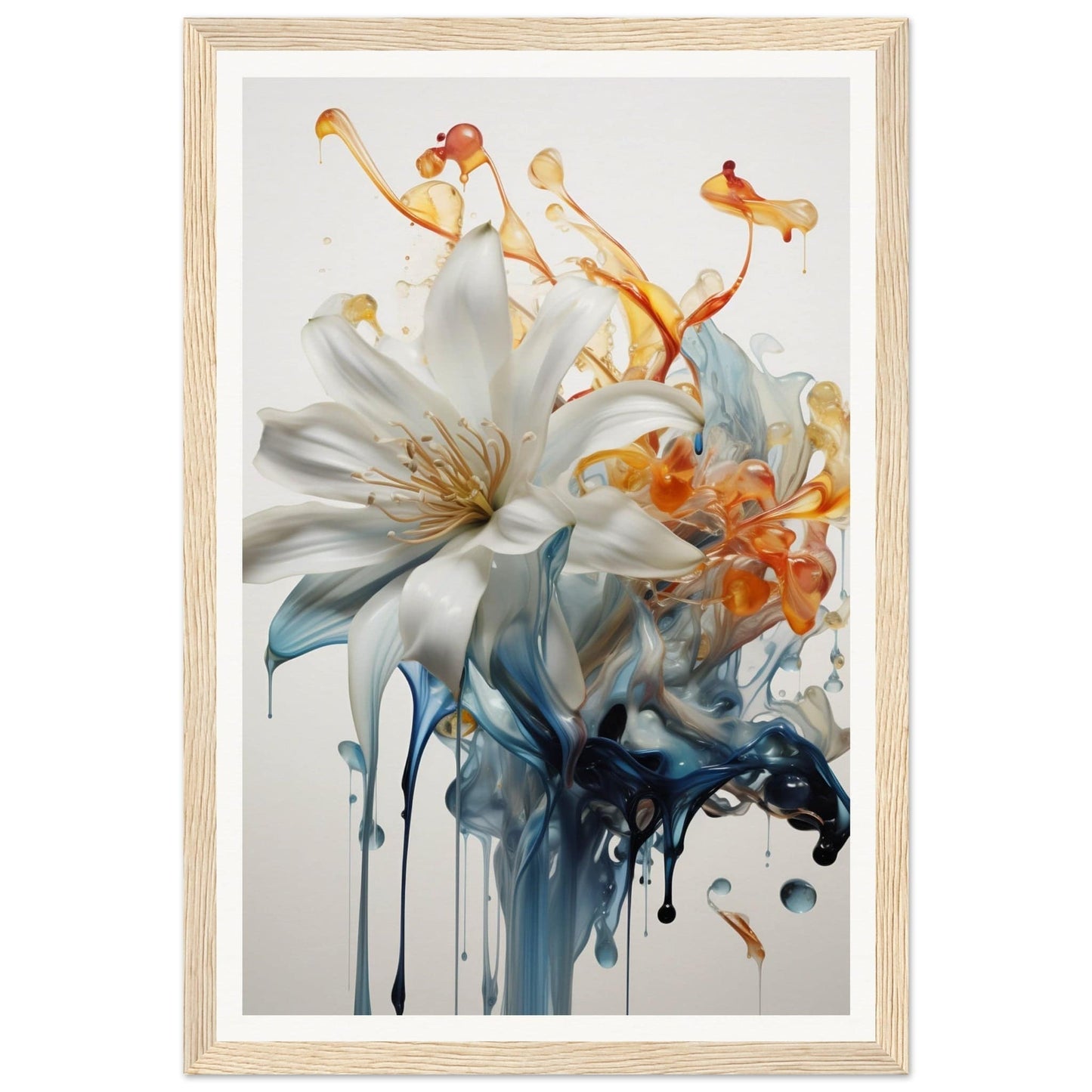 A framed print of a white lily with blue and orange ink