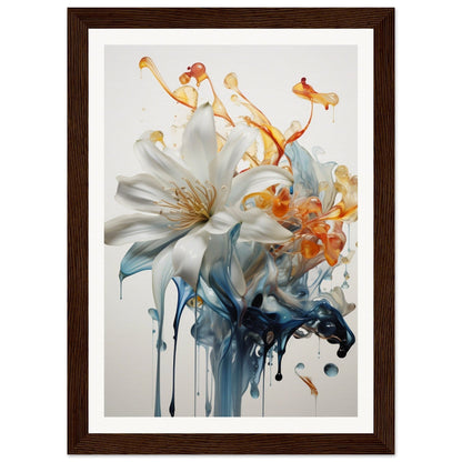 A framed print of a white lily with blue and orange ink