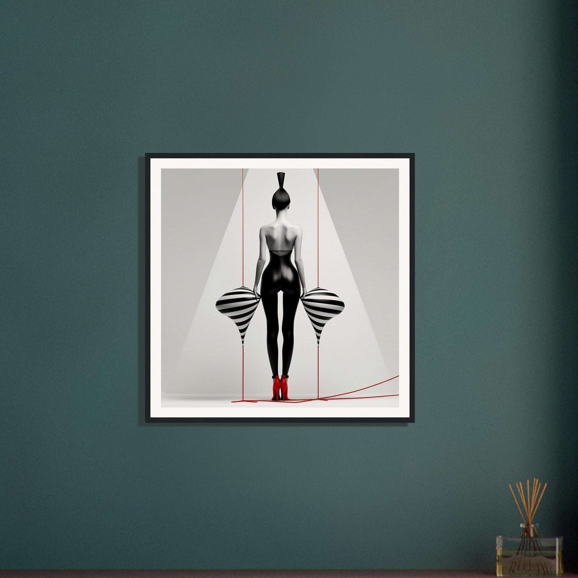 A framed print of a woman in a black and white image