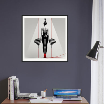 A framed print of a woman in a black dress with red lines