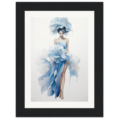 A framed print of a woman in a blue dress with flowers