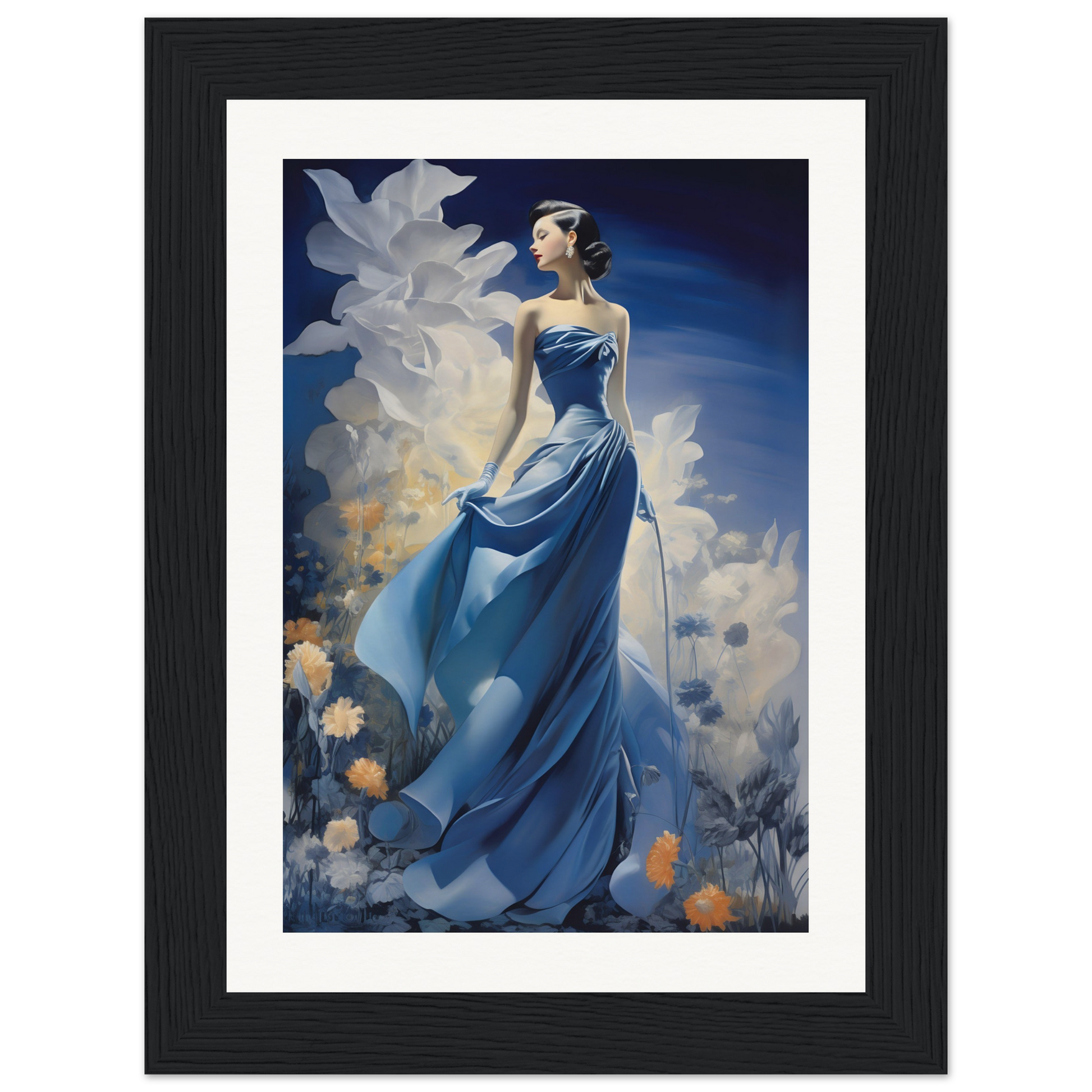 A framed print of a woman in a blue dress