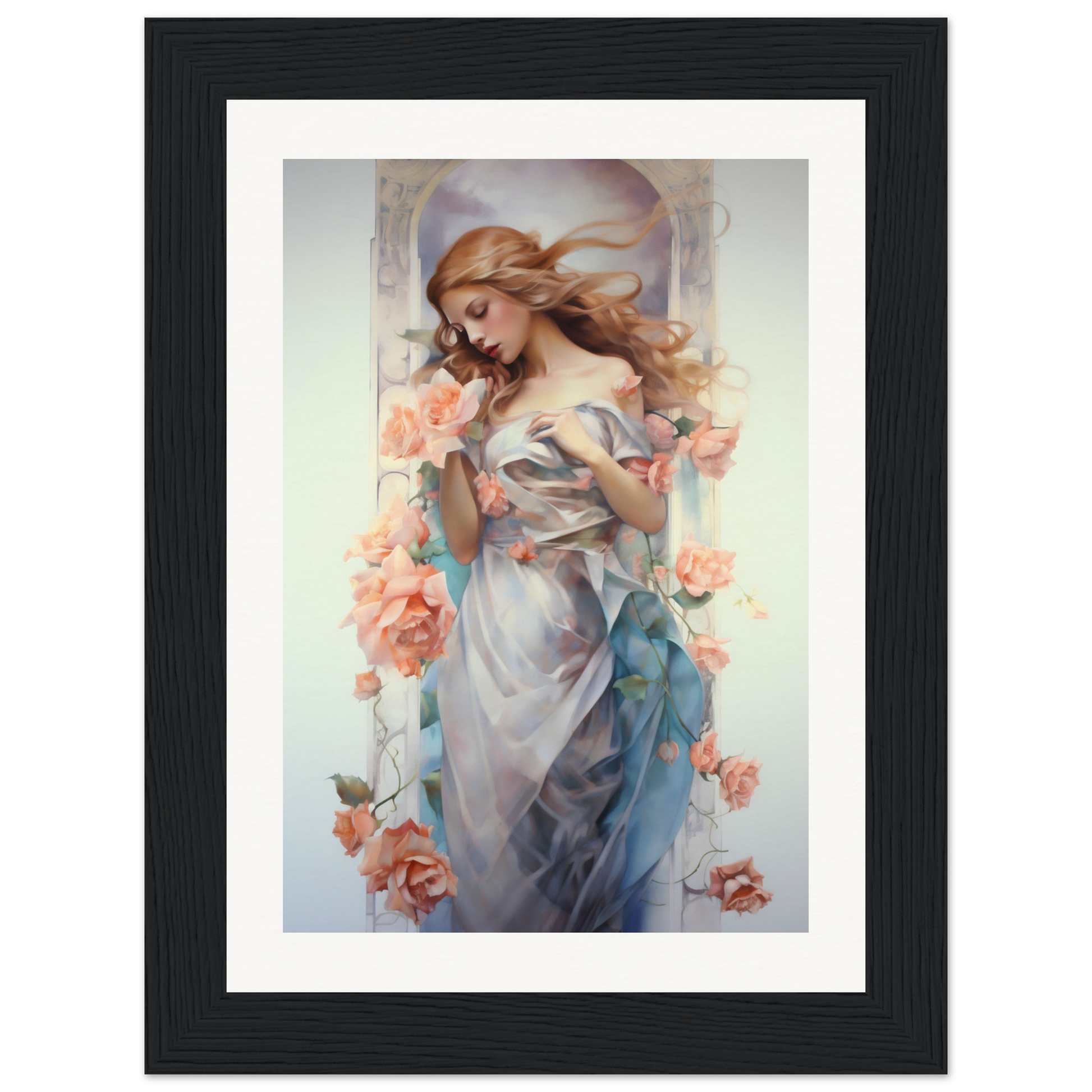 A framed print of a woman in a blue dress with flowers