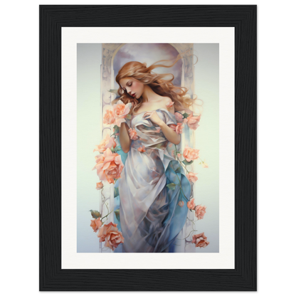 A framed print of a woman in a blue dress with flowers