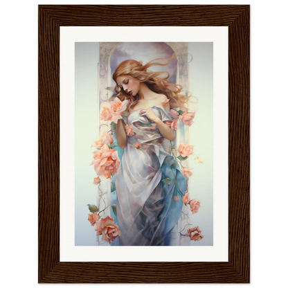 A framed print of a woman in a blue dress with flowers