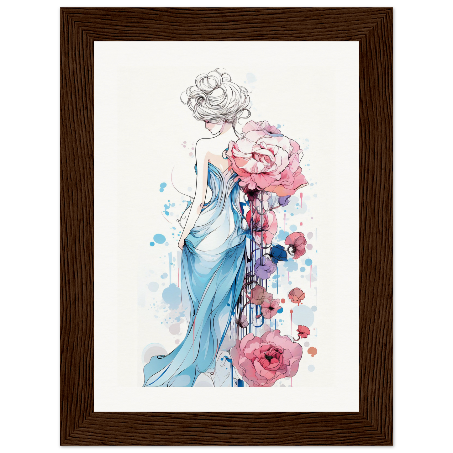 A framed print of a woman in a blue dress with flowers