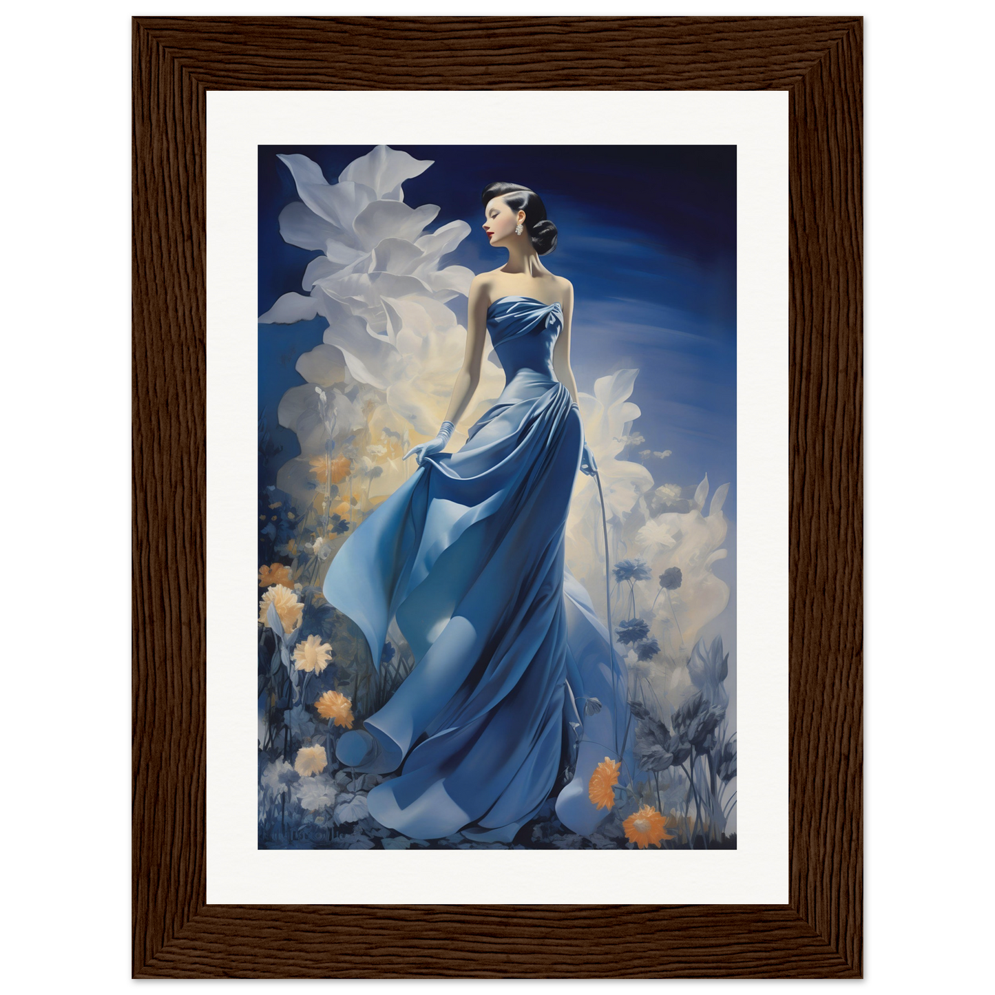 A framed print of a woman in a blue dress