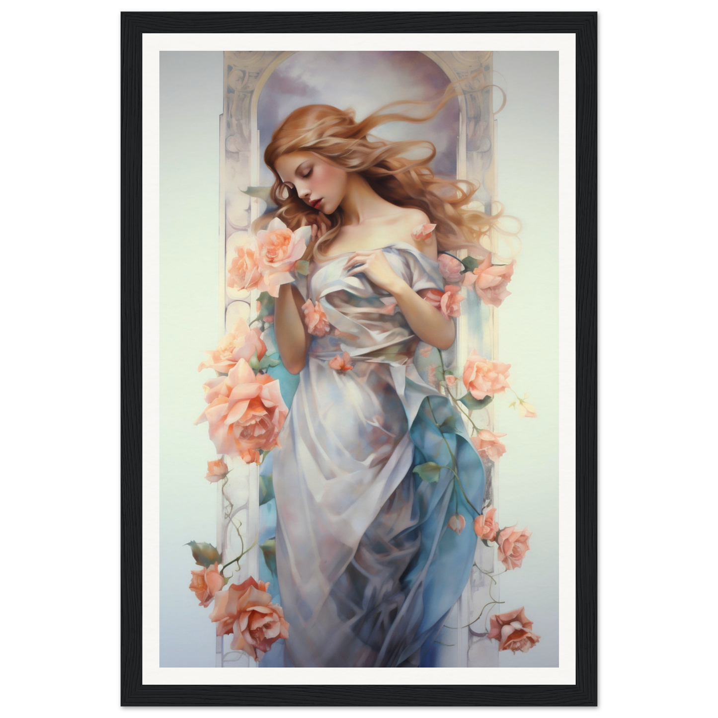 A framed print of a woman in a blue dress with flowers