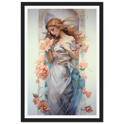 A framed print of a woman in a blue dress with flowers