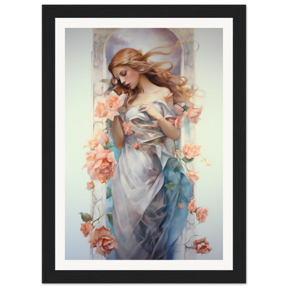 A framed print of a woman in a blue dress with flowers