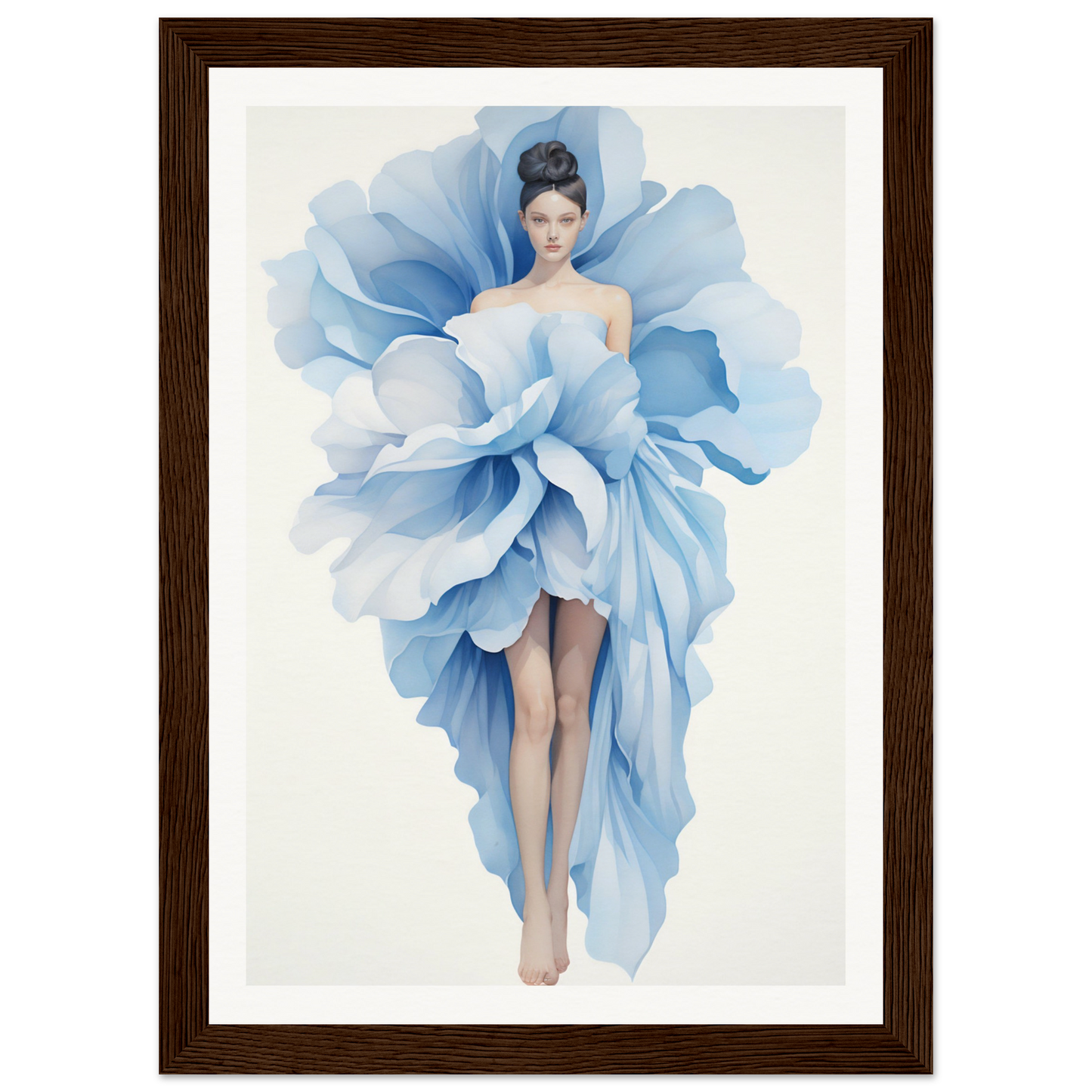 A framed print of a woman in a blue dress