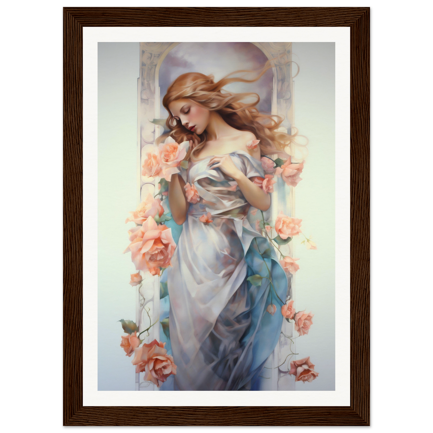 A framed print of a woman in a blue dress with flowers