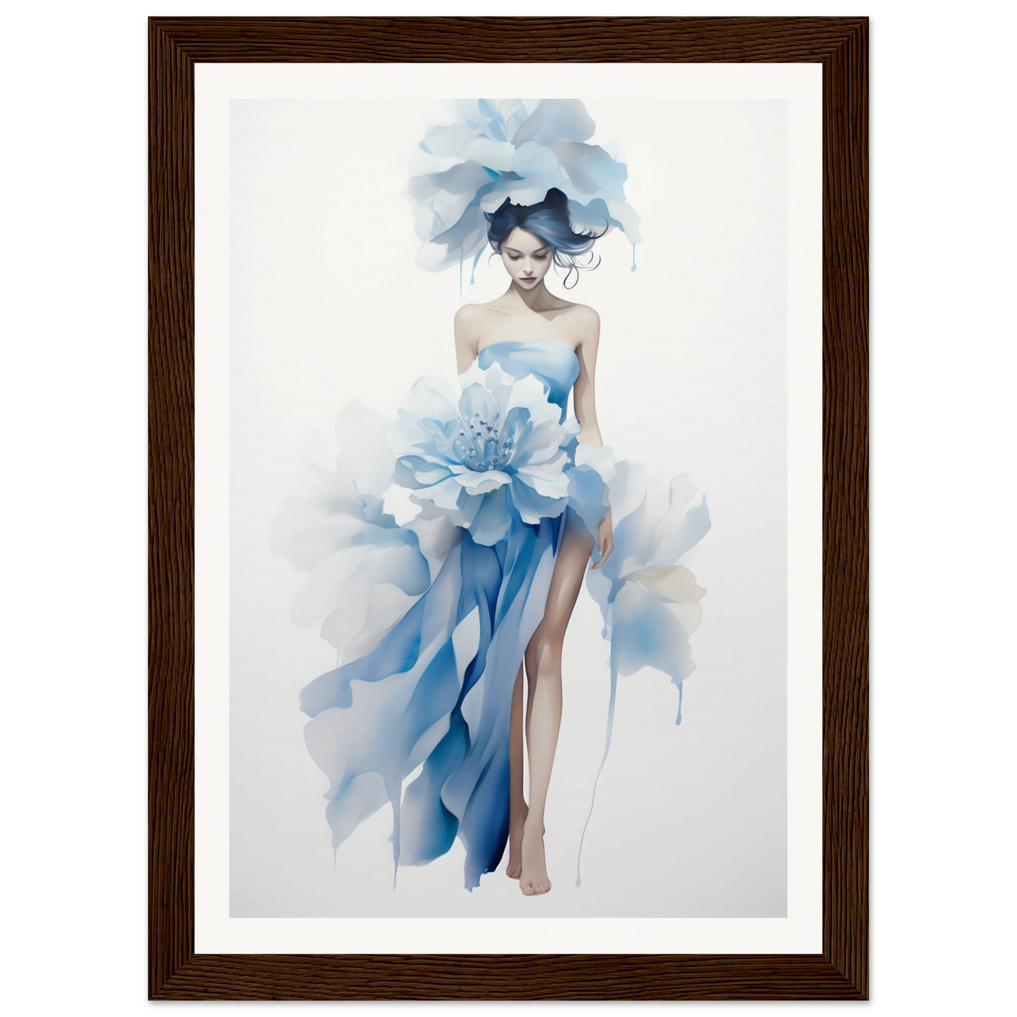 A framed print of a woman in a blue dress with flowers