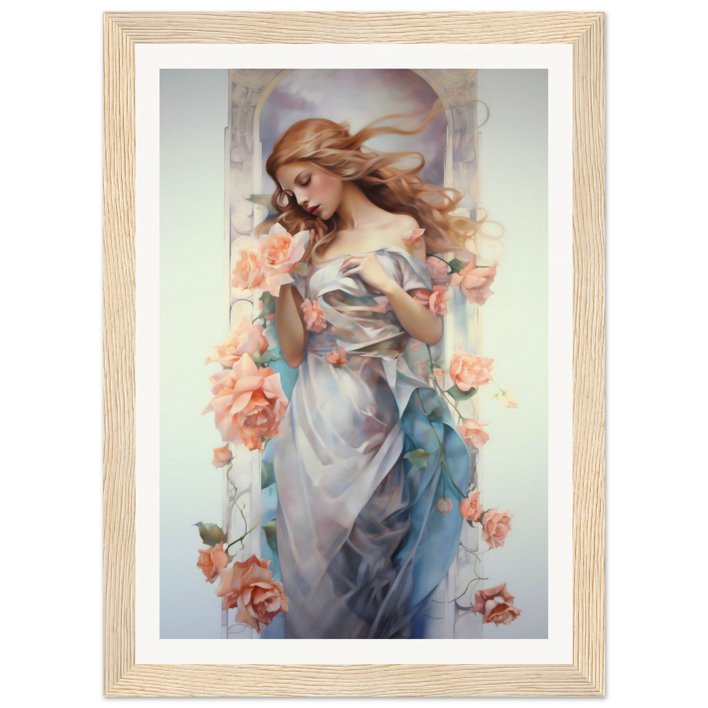 A framed print of a woman in a blue dress with flowers