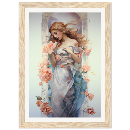 A framed print of a woman in a blue dress with flowers