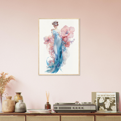 A framed print of a woman in a blue dress with flowers