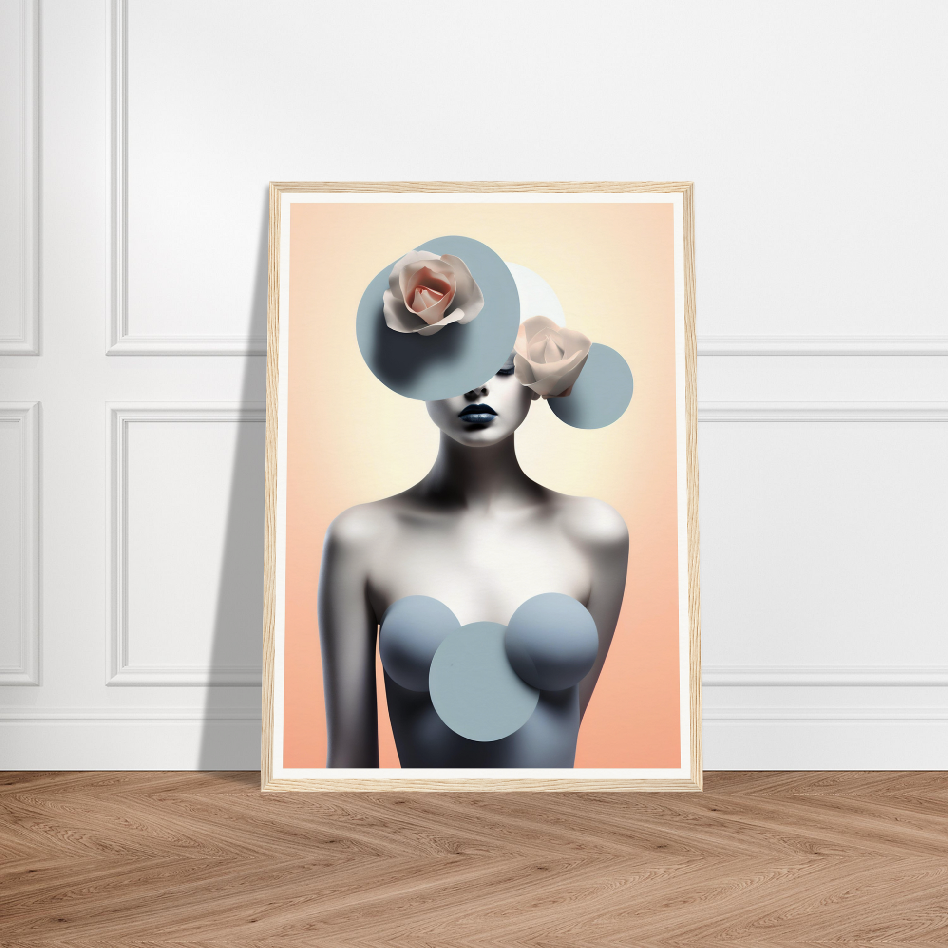 A framed print of a woman with a blue and pink abstract painting