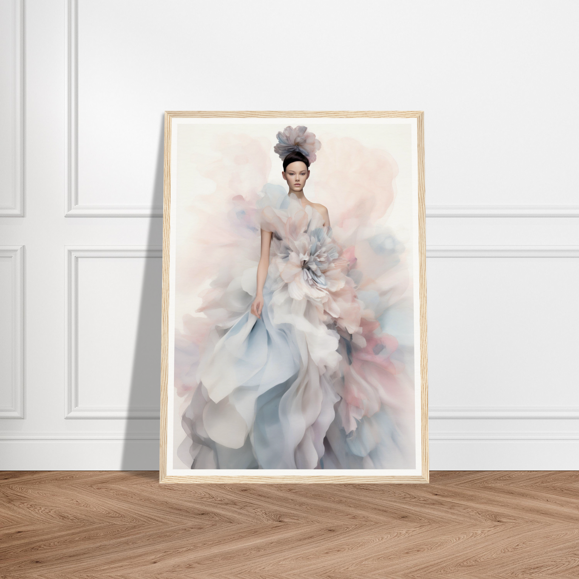 A framed print of a woman in a blue dress with a pink flower on the bottom