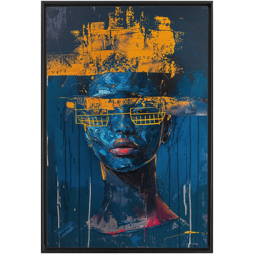 A framed print of a woman with a blue face and yellow paint