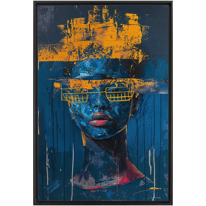 A framed print of a woman with a blue face and yellow paint