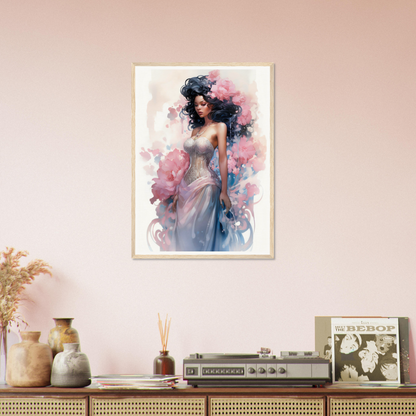 A framed print of a woman in a blue dress with flowers on her head