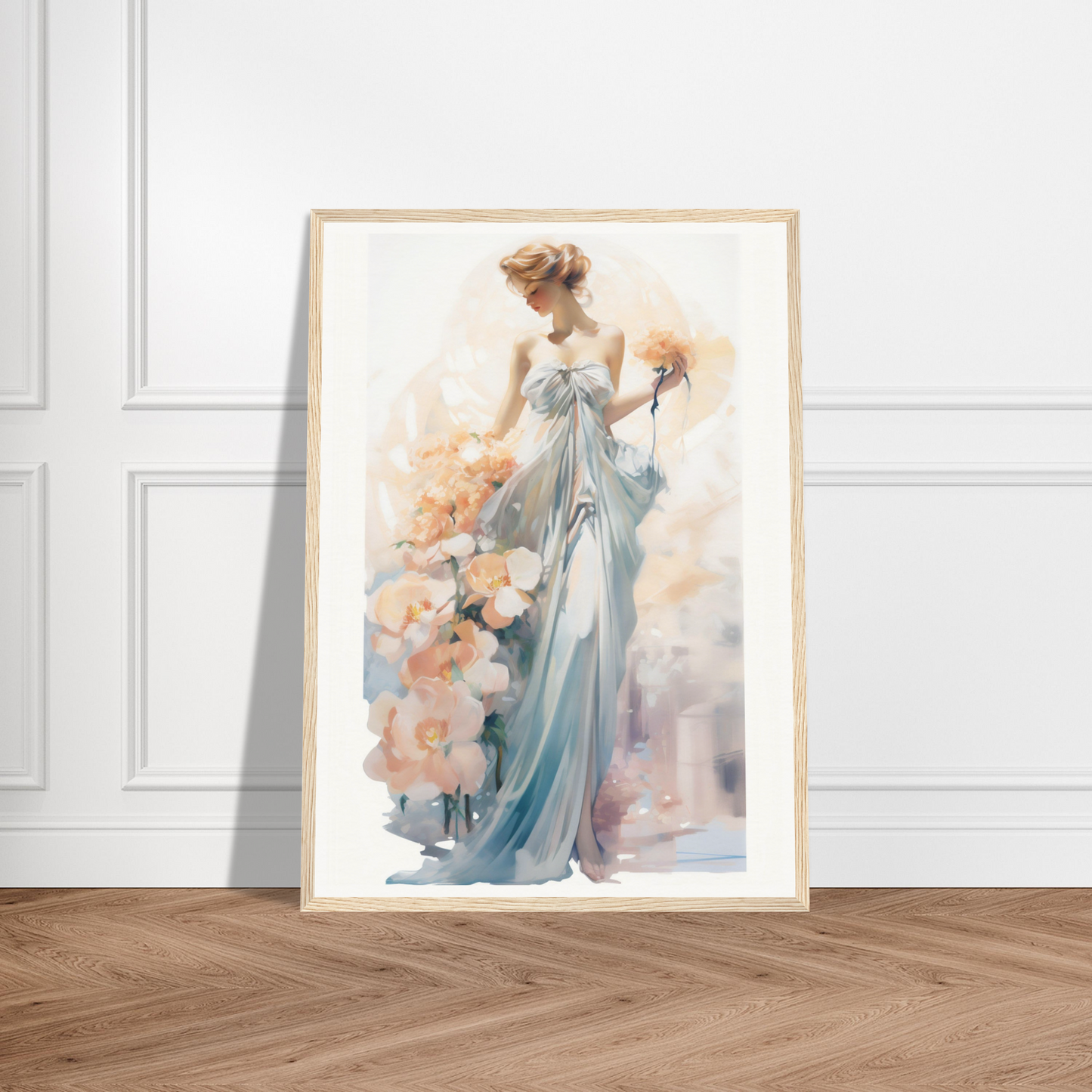 A framed print of a woman in a blue dress holding a bouquet