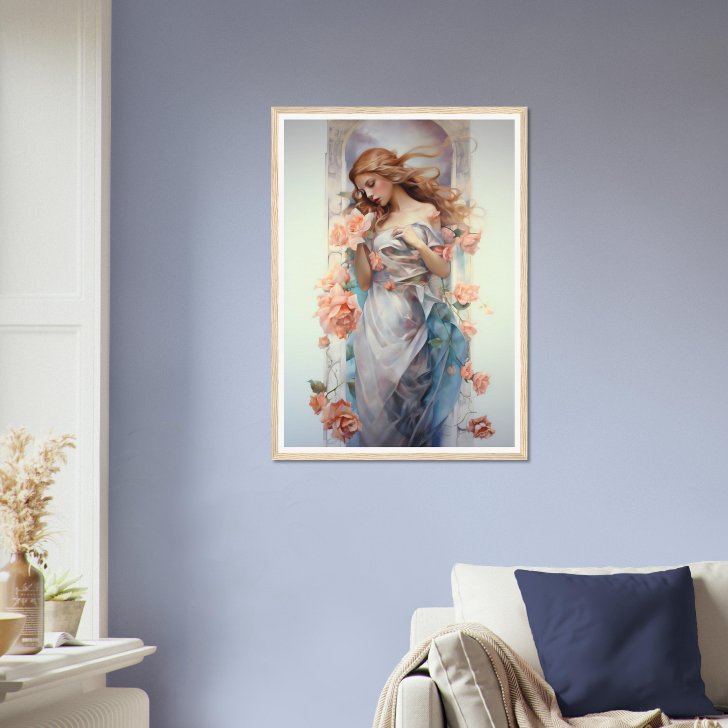 A framed print of a woman in a blue dress